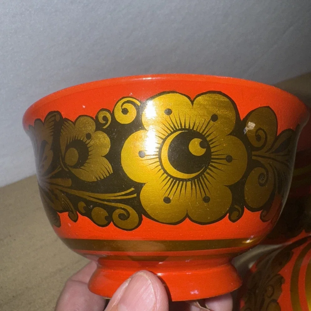 3 Vintage Russian Khokhloma Hand-Painted Black Red & Gold Lacquered Wooden Bowls